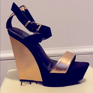 Tall Gold and Black Wedges